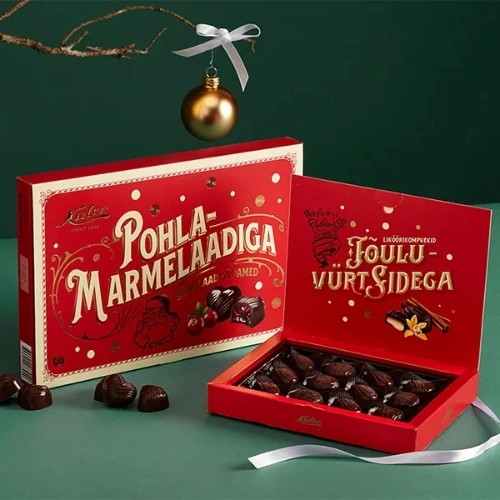 Printed Christmas chocolate boxes with festive designs and logo
