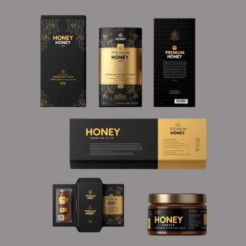 Printed honey jar boxes with logo for brand identity and retail display